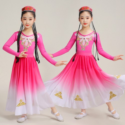 Pink gradient Xinjiang Dance Dresses for kids girls Uyghur dance costumes for children Xinjiang dance costumes children ethnic clothing Practice clothes